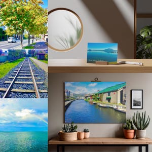 May include: A collage of Hokkaido landscapes featuring a tree with red berries, railway tracks, a rainbow over the sea, a small Lake Shikotsu print on a shelf, and a large Otaru Canal wall art piece with potted succulents on a wooden table.