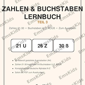 Numbers & Letters Learning Book Part 3 Coloring Pages for Children PDF 21-30 U-Z Preschool Kindergarten Coloring Book Digital