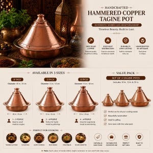 May include: A handcrafted hammered copper tagine pot with a conical lid. The product is available in 10-inch, 13-inch, and 15-inch diameters, and as a set of three. The design features a wide base and a tapered top, suitable for various cooking methods.