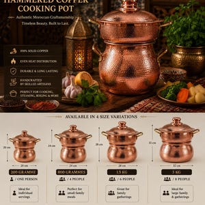 Pentola per couscous in rame martellato, realizzata a mano, con cestello per la cottura a vapore.