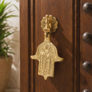 May include: A gold-colored brass door knocker shaped like a hamsa hand with intricate engraved floral and geometric patterns. The knocker is mounted on a dark brown wooden door featuring a vertical panel design and several round metal studs.