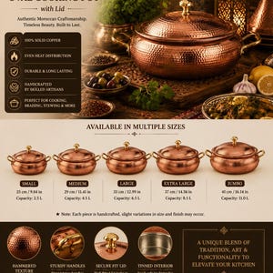 May include: A handcrafted hammered copper oval cooking pot with a lid and brass handles. The image displays five sizes ranging from 25 cm to 41 cm, with capacities from 2.5 L to 11.0 L. Features include a tinned interior and a secure-fit lid.