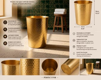 Handcrafted Hammered Brass Waste Basket – Polished Gold Luxury Bin