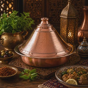 May include: A polished copper tagine with a conical lid featuring a hammered texture and a small knob handle. The base is a wide, smooth copper bowl with a flat rim. The metal surface reflects light, highlighting the metallic finish and craftsmanship.