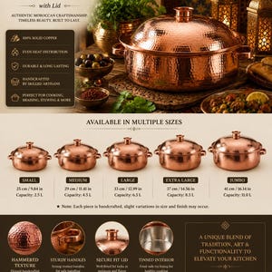 Peut inclure: Une marmite de cuisson ovale en cuivre martelé faite à la main avec couvercle. Elle présente un intérieur étamé, des poignées rivetées et un couvercle ajusté. Disponible en cinq tailles de 25 cm à 41 cm, avec des capacités de 2,5 L à 11,0 L.