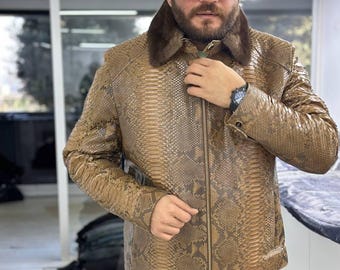 Brown Python Patterned Jacket with Mink Fur Collar, Zipper Closure and Adjustable Cuffs