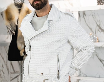Veste en cuir blanc cloutée pour homme, avec ceinture à la taille et fermeture éclair asymétrique