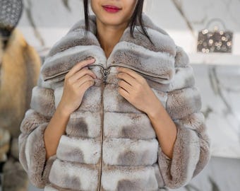 Natural Beige Rex Rabbit Fur Jacket, Wide Collar Zip Coat, Women's Winter Fur Jacket, Soft Rabbit Fur Outerwear