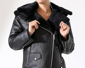 Black Leather Jacket with Fur Hood, Women's Genuine Leather Outerwear, Fur Lined Winter Jacket, Warm Everyday Leather Coat