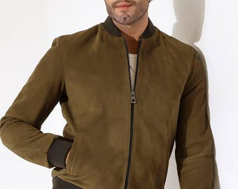 Men's Olive Green Suede Bomber Jacket | Minimal Zip Front Leather Blouson | Casual Nubuck Outerwear | Ribbed Collar Coat