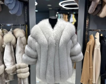 Women's White Fox Fur Coat - Genuine Lambskin Jacket - Elegant Fur Fashion - Boutique Winter Wear