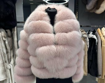 Light Pink Fox Fur Jacket for Women, Genuine Fox Fur Coat, Convertible Long & Short Sleeves, Luxury Winter Outerwear