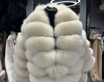 White Real Fox Fur Jacket, Detachable Sleeves Tiered Winter Coat, 2 in 1 Fluffy Vest for Women