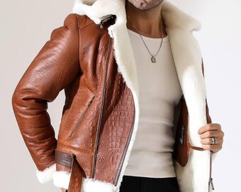 Men's Brown Croc Embossed Leather Coat with Soft Fur Interior | Belted Aviator Style | Cold Season Outerwear | Artisan Crafted