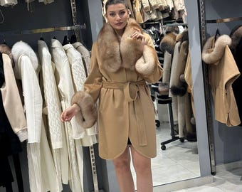 Wool Wrap Coat with Fox Fur Collar and Cuffs, Belted Winter Overcoat for Women