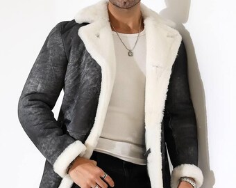 Men's Charcoal Leather Coat with Ivory Fur Trim | Graphite Leather Outerwear | Button Front Winter Coat | Handmade Long Leather Jacket