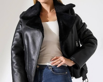 Women's Shearling Leather Jacket, Black Fur Lined Leather Coat, Genuine Leather Jacket, Winter Outerwear