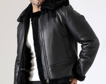 Men's Hooded Leather Coat with Plush Fur Lining | Black Winter Outerwear | Handmade Cold Weather Jacket | Zip Front Leather Coat