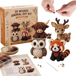 May include: A 3D beaded animal DIY kit featuring a cardboard box with text 3D BEADED ANIMAL DIY KIT, a plastic organizer with assorted beads, a needle, and four finished beaded animal figures: a highland cow, a deer, an owl, and a red panda.