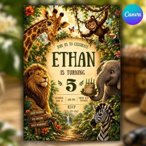 Könnte beinhalten: Eine Geburtstagseinladungskarte mit Dschungel-Motiv, die eine Giraffe, einen Affen, einen Löwen, einen Elefanten und ein Zebra zeigt. Der Text lautet: JOIN US TO CELEBRATE ETHAN IS TURNING 5, SATURDAY JUNE 21, 2:00 PM, GREEN LEAF PAVILION, RSVP (555) 123-4567.