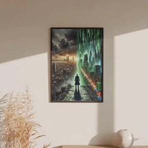 May include: A rectangular framed wall art print featuring a split-view composition. One side depicts a dark, cloudy cityscape at sunset, while the other shows a vibrant green digital rain effect over a futuristic city with a central silhouetted figure.