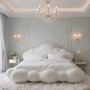 Cama de plataforma artesanal em bouclé Cloud, estofada em creme, para quarto moderno.