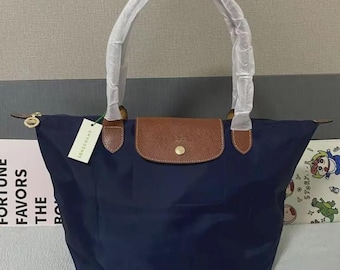 Longchamp Navy Nylon Large Tote Bag, Leather Trim Foldable Shoulder Bag