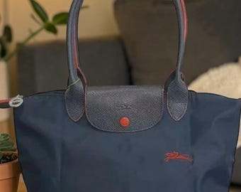 Longchamp Navy Blue Large Nylon Tote Bag, Foldable Lightweight Everyday Handbag with Leather Trim, Travel Shoulder Purse Gift for Her