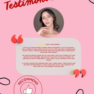 Puede incluir: Un gráfico rosa con el texto Testimonials, un retrato circular de una persona y un bloque de testimonios con cinco estrellas amarillas y el texto I CAN'T SAY ENOUGH GREAT THINGS! además de una insignia circular RECOMMEND con un pulgar.