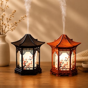 Humidificador con luz nocturna estilo pabellón japonés, difusor de aroma con vetas de madera, madera oscura o clara, mini lámpara de escritorio, decoración para el dormitorio.