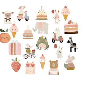 May include: A collection of whimsical illustrations featuring animals, cakes, ice cream cones, and gifts. The illustrations include a dog on a scooter, a rabbit with a balloon, a zebra, and a mouse riding a bicycle. The color palette is soft, with pastel pinks, greens, and yellows.