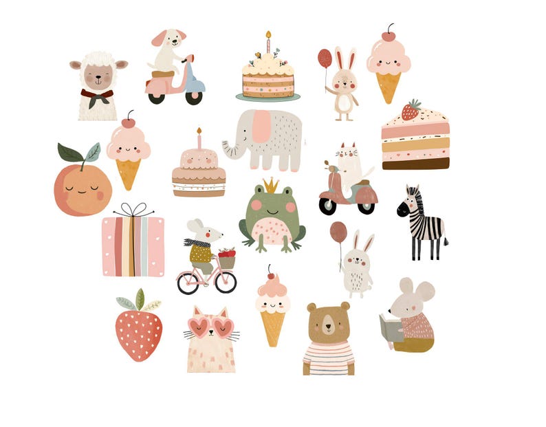 May include: A collection of whimsical illustrations featuring animals, cakes, ice cream cones, and gifts. The illustrations include a dog on a scooter, a rabbit with a balloon, a zebra, and a mouse riding a bicycle. The color palette is soft, with pastel pinks, greens, and yellows.