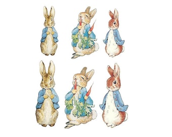 May include: Watercolor illustrations of six rabbits in various poses. Each rabbit is depicted with tan fur, wearing a blue jacket. Some rabbits hold carrots, and one is adorned with a leafy green collar. The illustrations are set against a white background.