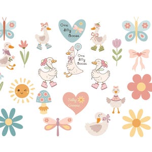 May include: A collection of whimsical illustrations featuring cartoon geese, butterflies, flowers, and hearts. The geese are adorned with bows, hats, and boots. The image includes the phrases "One Silly Goose" and "Silly Goose". The color palette is soft, with pastel shades.