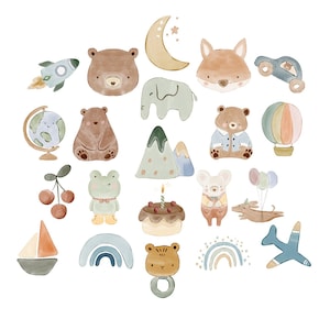 May include: Watercolor illustrations of various children's toys and animals, including a rocket, bear, fox, car, globe, elephant, mountains, frog, mouse, cake, boat, rainbow, and airplane. The color palette is soft and pastel.