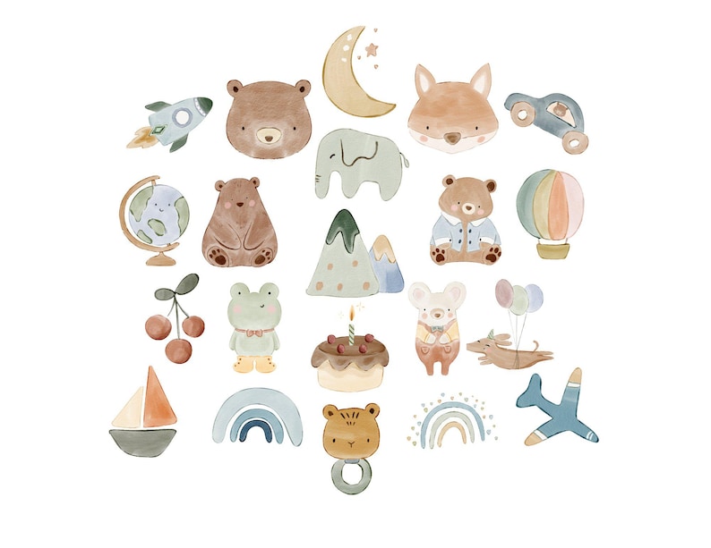 May include: Watercolor illustrations of various children's toys and animals, including a rocket, bear, fox, car, globe, elephant, mountains, frog, mouse, cake, boat, rainbow, and airplane. The color palette is soft and pastel.
