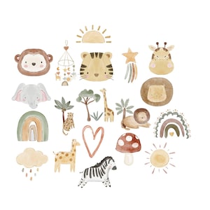 May include: Watercolor illustrations of various safari animals and elements, including a monkey, elephant, tiger, giraffe, lion, zebra, and more. The designs feature soft colors and a whimsical style, perfect for nursery decor or children's crafts.