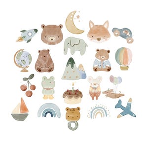 May include: Watercolor illustrations of various animals and objects, including a bear, fox, elephant, rocket, hot air balloon, and more. The illustrations are in soft pastel colors, creating a whimsical and playful aesthetic. Perfect for nursery decor or children's crafts.