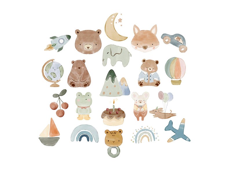 May include: Watercolor illustrations of various animals and objects, including a bear, fox, elephant, rocket, hot air balloon, and more. The illustrations are in soft pastel colors, creating a whimsical and playful aesthetic. Perfect for nursery decor or children's crafts.