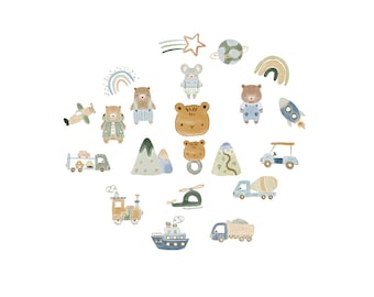 May include: Watercolor illustrations of various animals and vehicles, including bears, a mouse, a tiger, a rocket, a plane, a train, a boat, and a truck. The illustrations are in soft pastel colors, with a whimsical and playful style.