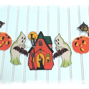 Retro Halloween Banner..Vintage Look Halloween Decorations Witch House, Ghost, Black Cats and Pumpkins