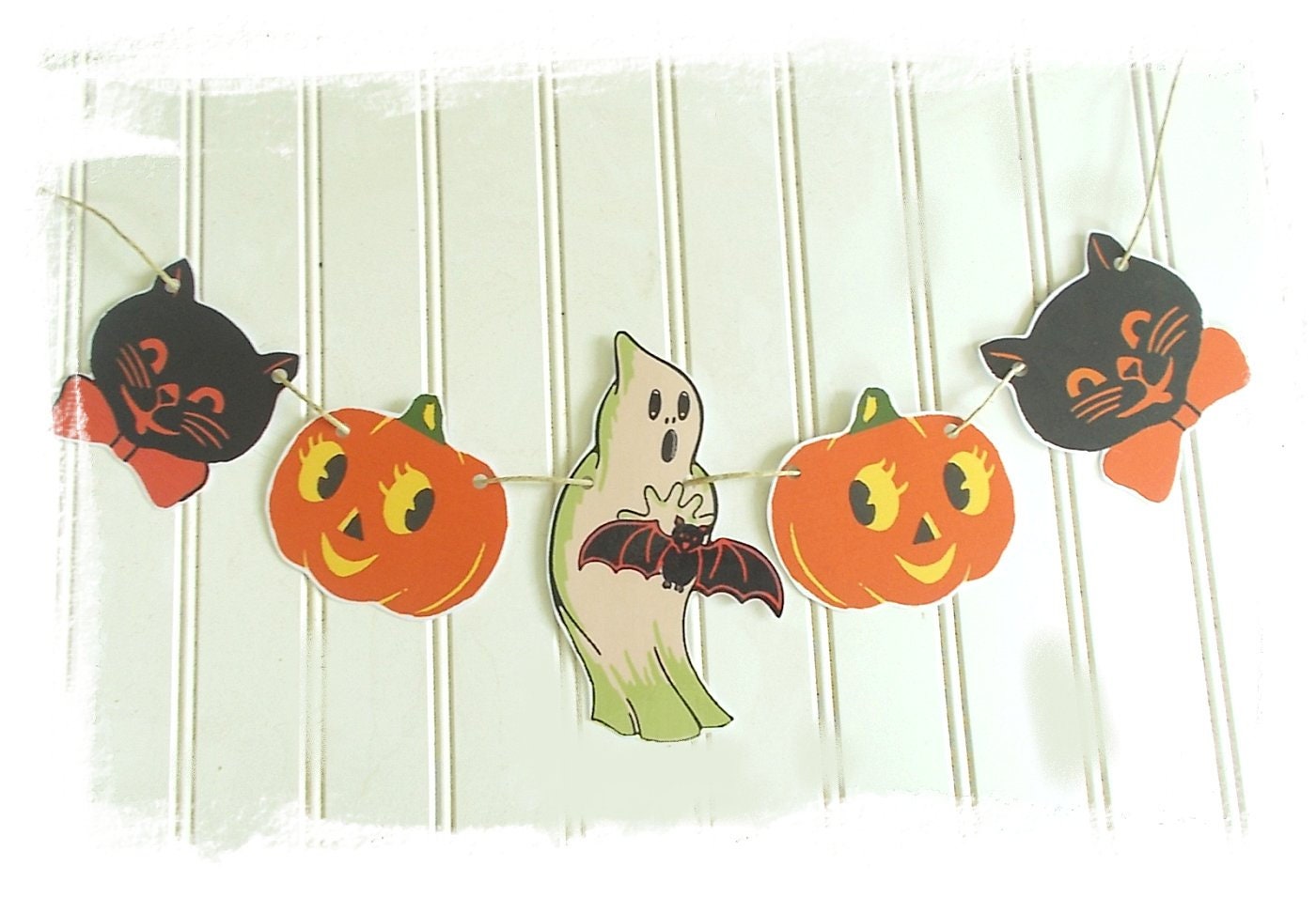 Retro Halloween Banner..Vintage Look Halloween Decorations Ghost, Black Cats and Pumpkins