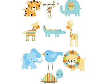 Iron On Heat Transfers...Blue Jungle Animal  Appliques for  Baby Boy Shower,Set of 10