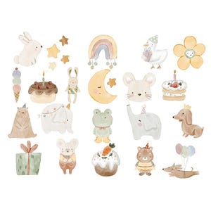 May include: Watercolor illustrations of various animals and objects, including a rabbit, bear, elephant, duck, mouse, frog, and dachshund. The image also features a rainbow, moon, stars, flowers, cakes, ice cream, and a gift box. The illustrations are in soft pastel colors.