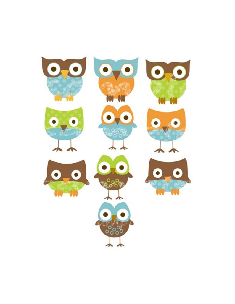 4.5x4 Set of 10 Iron On Heat Transfer Sheets.. Green Blue OWL Appliques for Baby Boy Shower