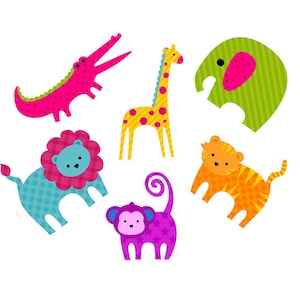 May include: A set of six colorful animal illustrations, including a pink crocodile, a yellow giraffe, a green elephant, a blue lion, an orange tiger, and a purple monkey.