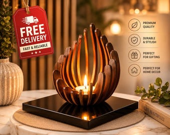 Lotus Candle Holder, Handmade Wooden Tealight for Home Decor