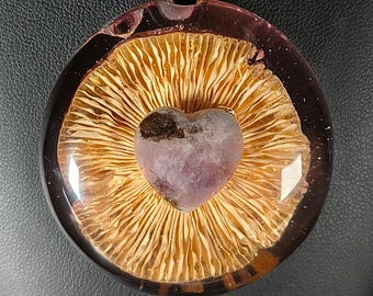 Russula Mushroom & Amethyst Heart Pendant | One-of-a-Kind Resin Nature Necklace | Handcrafted Woodland Jewelry