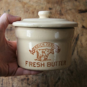 Vintage Grover Farms Fresh Butter Stoneware Crock w/Lid | Woman Milking Cow & Brown Lettering | Pottery No 1 | Farmhouse Kitchen Décor