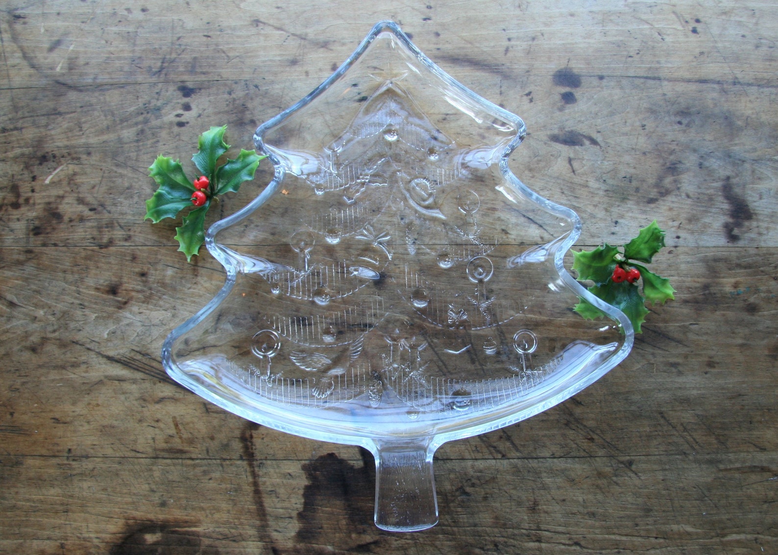 Festive Vintage Clear Glass Christmas Tree Serving Platter Etsy